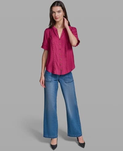 Women's Short-Sleeve Nailhead Trim Woven Top 2