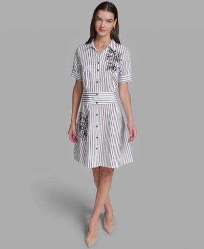 Women's Poplin Short-Sleeve Collared Striped Cotton Dress 3
