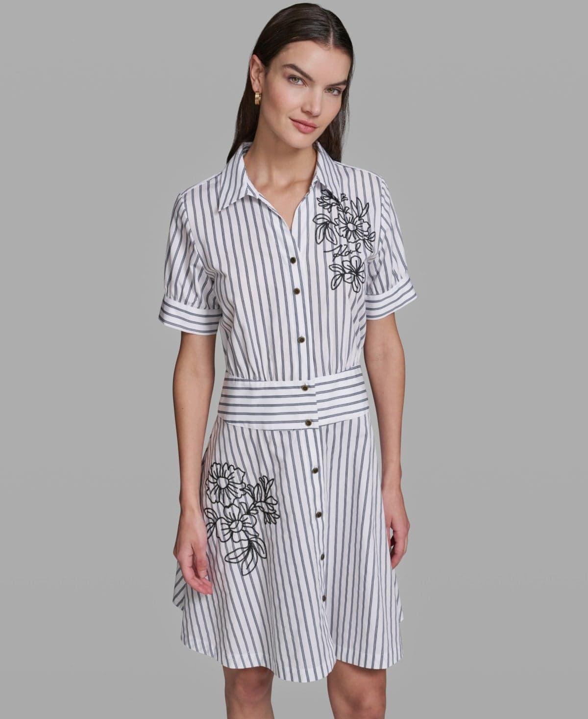 Women's Poplin Short-Sleeve Collared Striped Cotton Dress