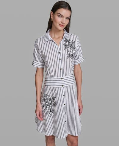 Women's Poplin Short-Sleeve Collared Striped Cotton Dress 1
