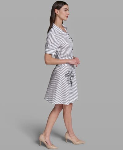 Women's Poplin Short-Sleeve Collared Striped Cotton Dress 4