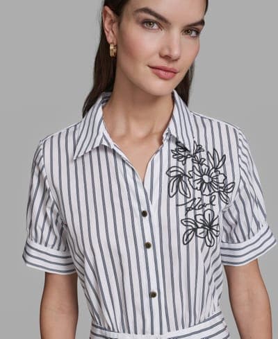 Women's Poplin Short-Sleeve Collared Striped Cotton Dress 5