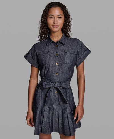 Women's Denim Pinstripe Collared Shirt-Dress 1