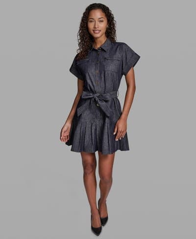 Women's Denim Pinstripe Collared Shirt-Dress 2