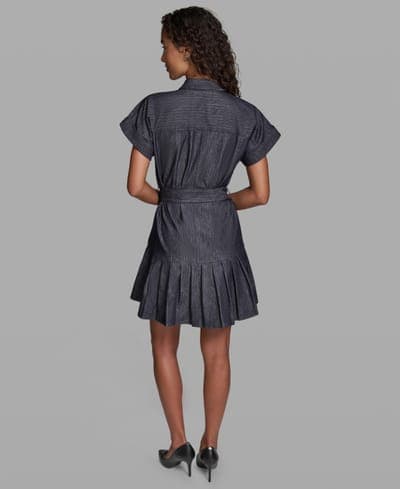 Women's Denim Pinstripe Collared Shirt-Dress 5