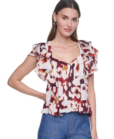 Women's Printed Flutter-Sleeve Pleated Blouse 1