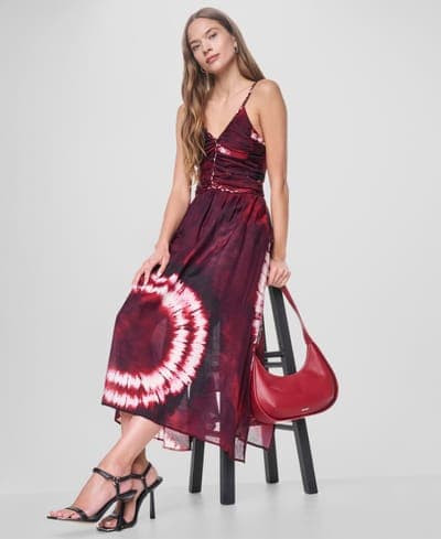 Women's Printed Voile Braided Detail V-Neck Dress 5