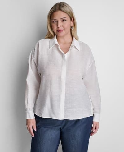 Plus Size Long-Sleeve Collared Organza Blouse 1