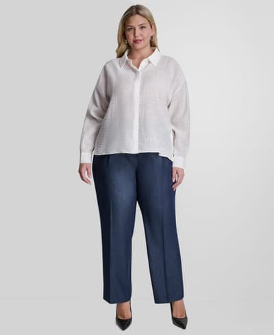 Plus Size Long-Sleeve Collared Organza Blouse 2