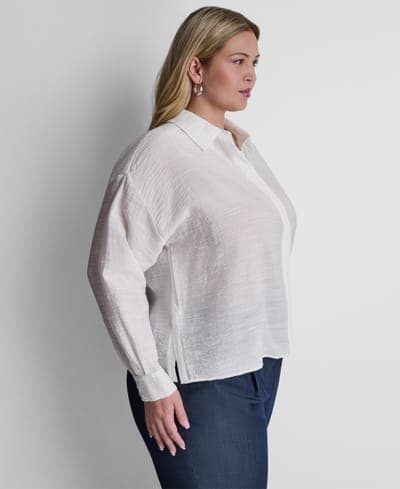 Plus Size Long-Sleeve Collared Organza Blouse 3