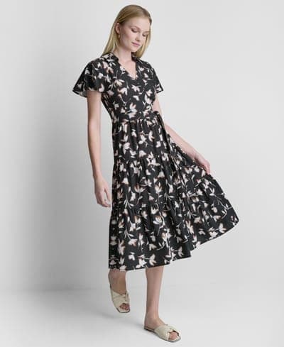Women's Flutter-Sleeve Tiered Printed Midi Dress 3