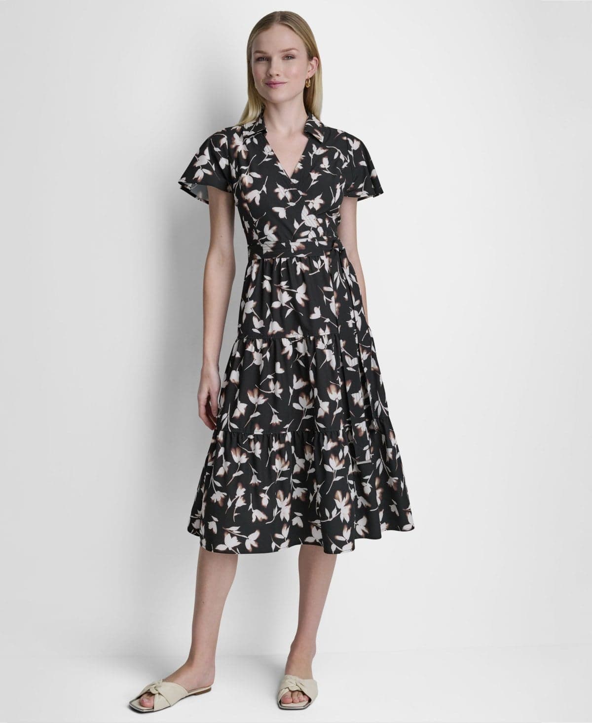Women's Flutter-Sleeve Tiered Printed Midi Dress