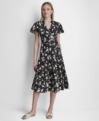 Women's Flutter-Sleeve Tiered Printed Midi Dress 1