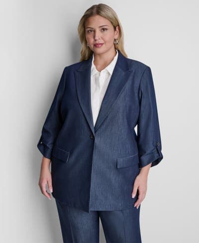 Plus Size Long-Sleeve One Button Roll Cuff Blazer 1