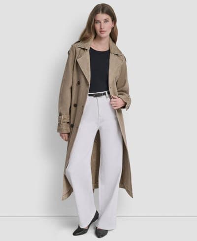 Women's Double Breasted Denim Belted Trench Coat 2