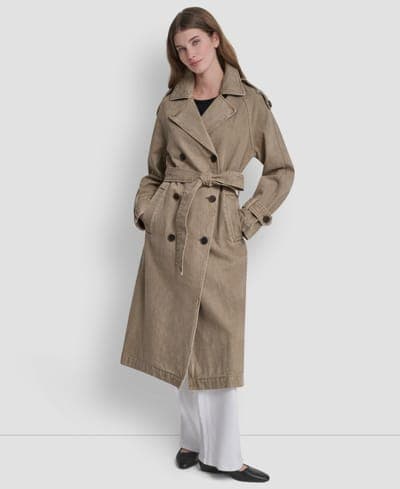 Women's Double Breasted Denim Belted Trench Coat 1