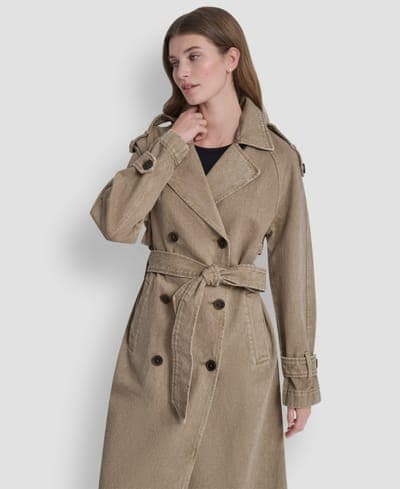 Women's Double Breasted Denim Belted Trench Coat 7