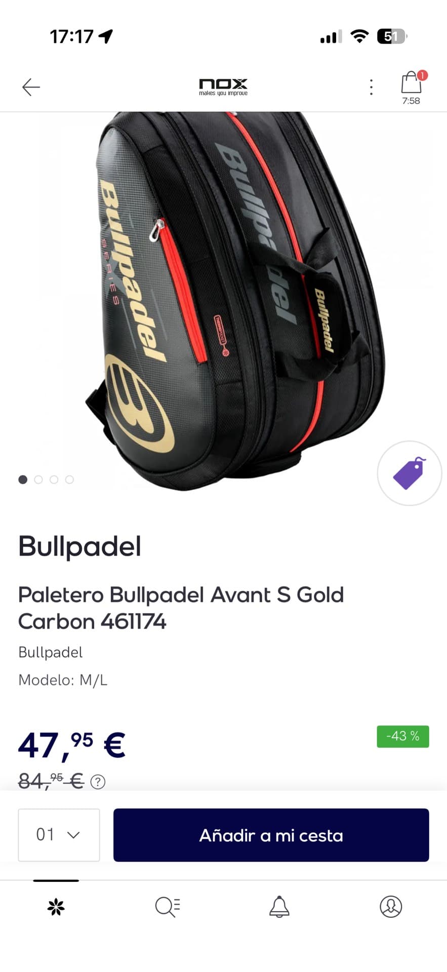 Bullpadel Avant S Gold Carbon Bag